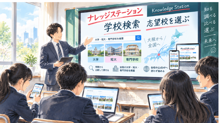 ナレッジステーションで大学・短大・専門学校を検索し、志望校を選ぶ高校生の進路研究イメージ