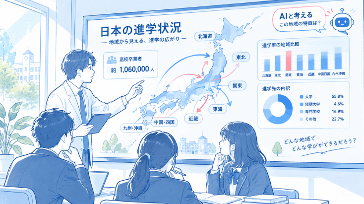 先輩の進路研究。先生と生徒が進学データを見ながら進路を考える授業のイメージ図
